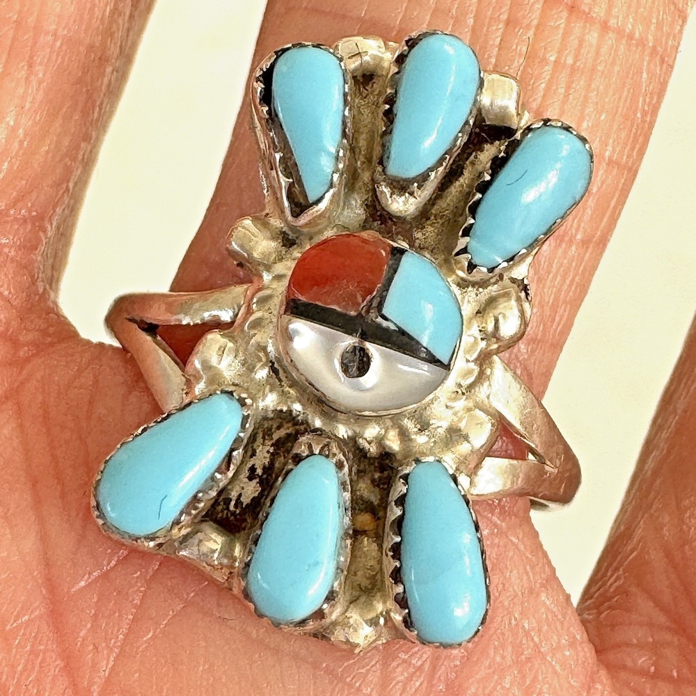 Zuni Sunface Turquoise Ring Sz 7 Coral Sterling Signed Handmade Native American